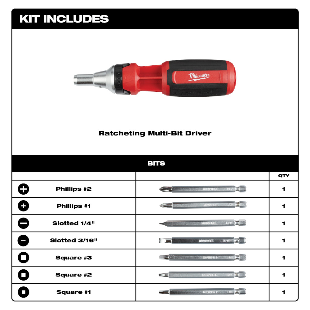 Milwaukee 9-in-1 Square Drive Ratcheting Multi-Bit Driver from GME Supply